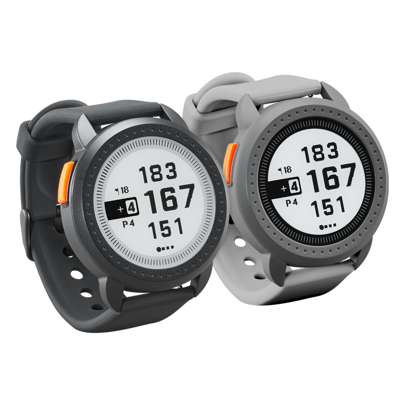 Bushnell Golf iON Edge GPS watches in black and gray on transparent background. 